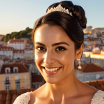 ** "A radiant Portuguese bride on her wedding day, showcasing flawless, natural makeup and an elegant updo. Soft, golden hour lighting. Focus on the bride's joyful expression and the intricate details of the hairstyle. Lisbon cityscape in the blurred background."

**
