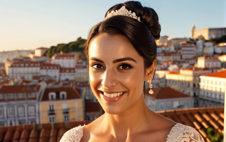 ** "A radiant Portuguese bride on her wedding day, showcasing flawless, natural makeup and an elegant updo. Soft, golden hour lighting. Focus on the bride's joyful expression and the intricate details of the hairstyle. Lisbon cityscape in the blurred background."

**