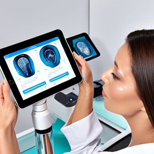 A highly skilled beauty professional, a woman in her 30s to 40s, with a focused and knowledgeable expression, demonstrating an AI-powered skin analysis device on a client's face. A tablet screen nearby displays intricate scientific data points and detailed skin maps, visualizing the precision of the diagnosis. The salon environment is modern, clean, and well-lit, with subtle hints of advanced cosmetology products and molecular structures in the background, symbolizing a deep scientific understanding. The atmosphere is innovative, precise, and highly personalized, emphasizing cutting-edge technology in beauty services within a Brazilian context. High-resolution, professional studio lighting.