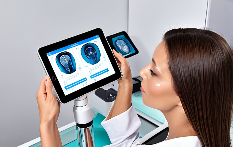 A highly skilled beauty professional, a woman in her 30s to 40s, with a focused and knowledgeable expression, demonstrating an AI-powered skin analysis device on a client's face. A tablet screen nearby displays intricate scientific data points and detailed skin maps, visualizing the precision of the diagnosis. The salon environment is modern, clean, and well-lit, with subtle hints of advanced cosmetology products and molecular structures in the background, symbolizing a deep scientific understanding. The atmosphere is innovative, precise, and highly personalized, emphasizing cutting-edge technology in beauty services within a Brazilian context. High-resolution, professional studio lighting.
