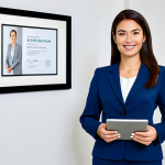 A professional female beauty consultant wearing a modest, professional business suit, standing confidently in a bright, modern beauty consultation office. The background includes a framed professional certification prominently displayed on a clean wall and subtle, high-quality beauty product displays. She is holding a tablet, looking towards the viewer with a friendly, knowledgeable, and confident expression. Professional photography, high resolution, soft studio lighting, perfect anatomy, correct proportions, natural pose, well-formed hands, proper finger count, natural body proportions. safe for work, appropriate content, fully clothed, professional, modest clothing, appropriate attire, professional dress, family-friendly.
