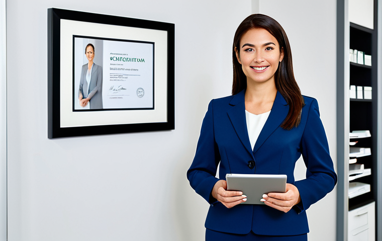 A professional female beauty consultant wearing a modest, professional business suit, standing confidently in a bright, modern beauty consultation office. The background includes a framed professional certification prominently displayed on a clean wall and subtle, high-quality beauty product displays. She is holding a tablet, looking towards the viewer with a friendly, knowledgeable, and confident expression. Professional photography, high resolution, soft studio lighting, perfect anatomy, correct proportions, natural pose, well-formed hands, proper finger count, natural body proportions. safe for work, appropriate content, fully clothed, professional, modest clothing, appropriate attire, professional dress, family-friendly.