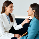 A professional female beauty consultant in modest, elegant business attire, engaged in an empathetic, active listening conversation with a female client, seated opposite each other in a modern, well-lit beauty consultation room with subtle, elegant decor and a clean background. Perfect anatomy, correct proportions, natural pose, well-formed hands, proper finger count, natural body proportions. High-quality professional photography, detailed, realistic, safe for work, appropriate content, fully clothed, professional, modest.