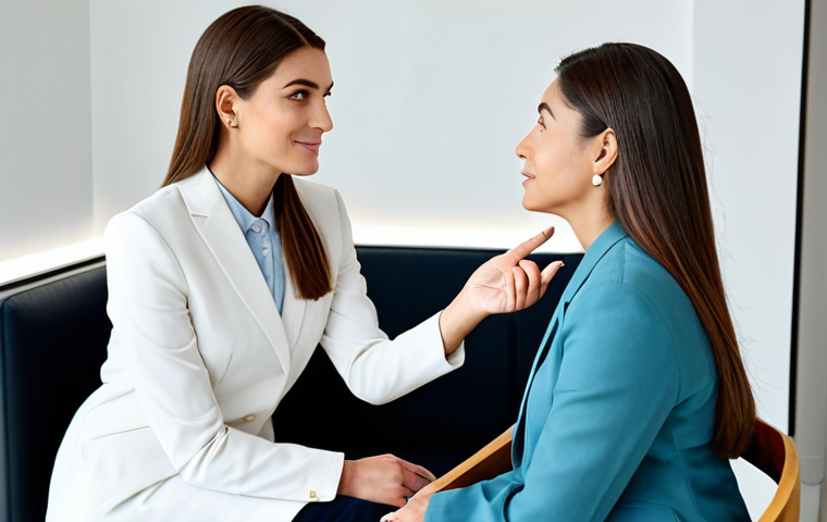 A professional female beauty consultant in modest, elegant business attire, engaged in an empathetic, active listening conversation with a female client, seated opposite each other in a modern, well-lit beauty consultation room with subtle, elegant decor and a clean background. Perfect anatomy, correct proportions, natural pose, well-formed hands, proper finger count, natural body proportions. High-quality professional photography, detailed, realistic, safe for work, appropriate content, fully clothed, professional, modest.
