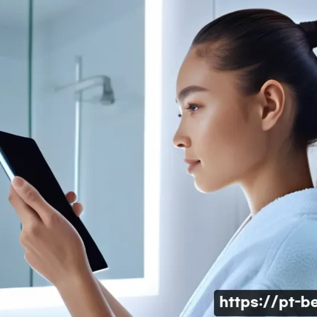 뷰티컨설턴트 업무 자동화 아이디어 - **AI-Powered Skin and Hair Analysis at Home:**
    A vibrant, medium shot of a young woman (age 18-2...