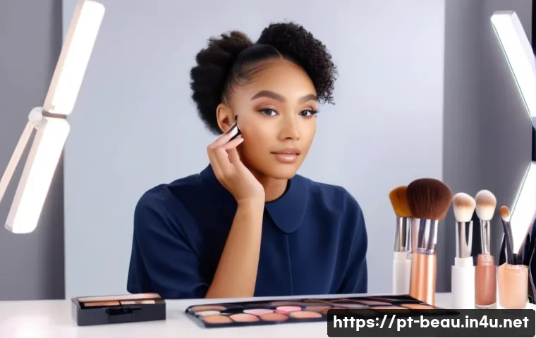 뷰티컨설턴트 관련 유튜브 채널 - A professional beauty content creator in a bright, modern studio setting, wearing stylish yet modest...
