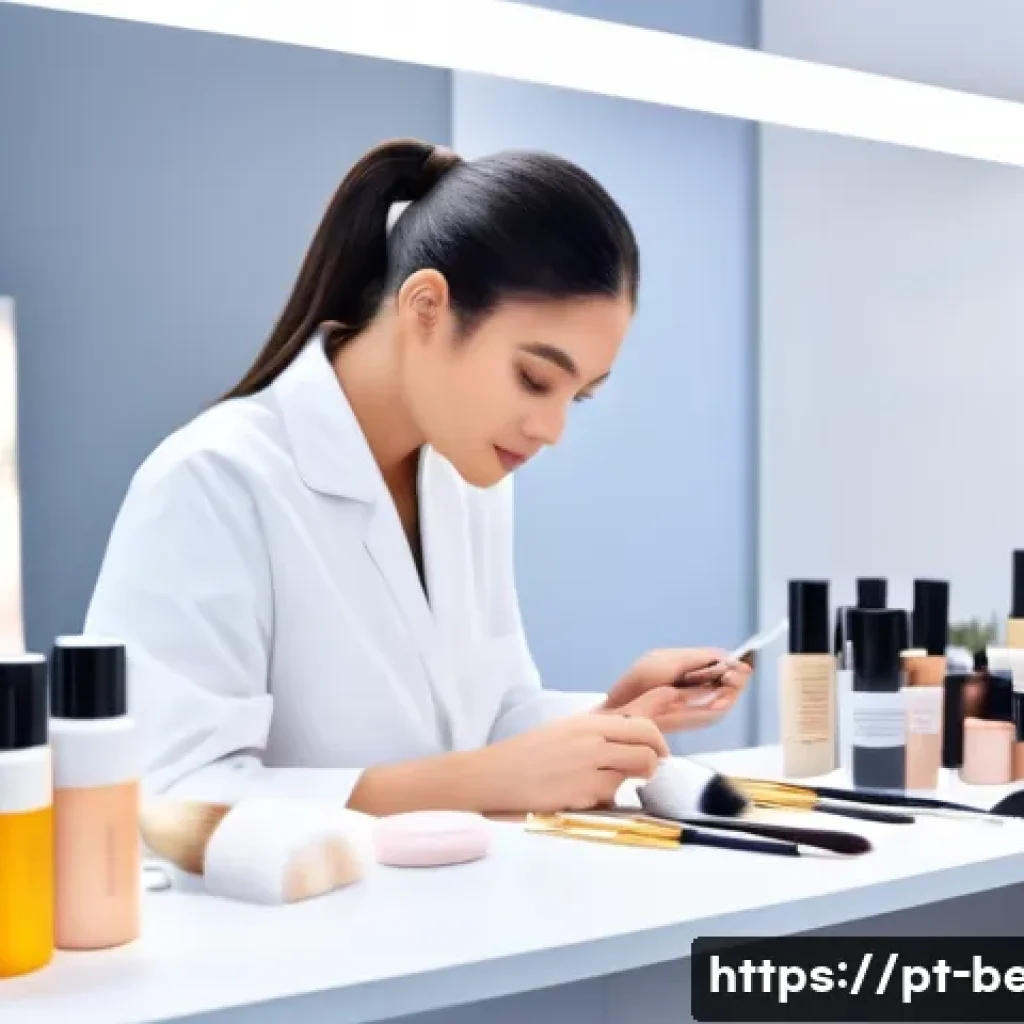 뷰티컨설턴트 실기 시험 준비법 - A professional makeup artist carefully preparing a model&rsquo;s skin for a practical exam in a well-lit s...
