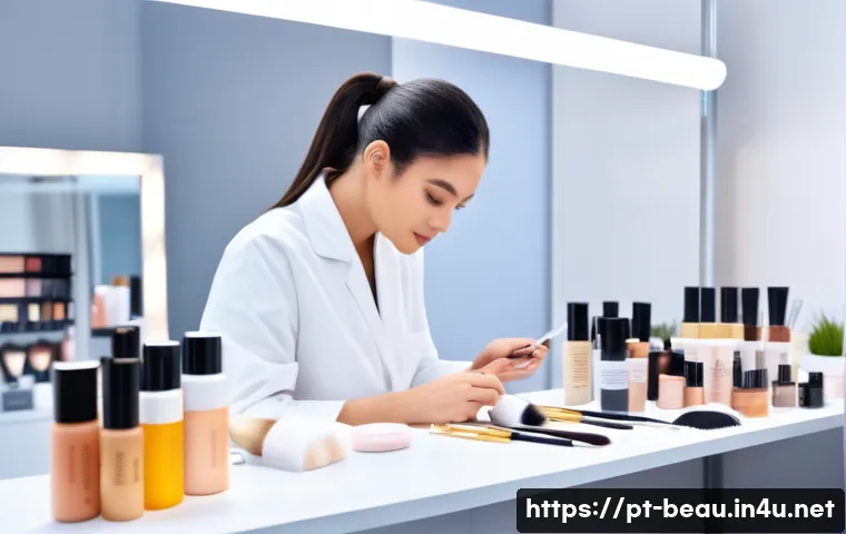 뷰티컨설턴트 실기 시험 준비법 - A professional makeup artist carefully preparing a model’s skin for a practical exam in a well-lit s...