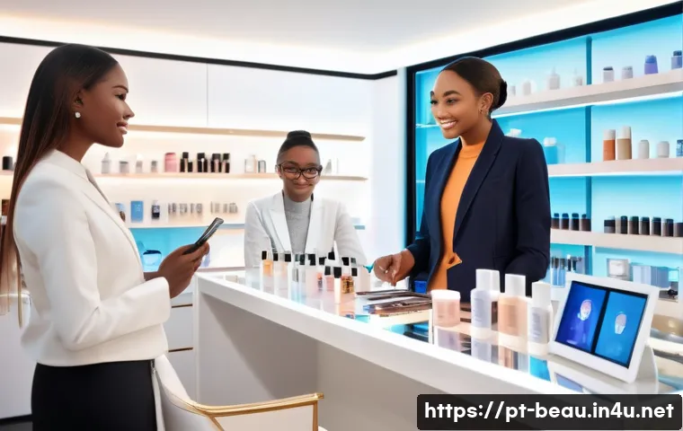 뷰티컨설턴트 멘토 찾는 법 - A professional beauty consultant mentoring a diverse group of young adults in a modern, stylish beau...
