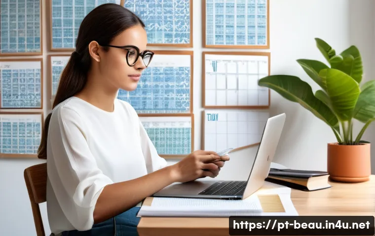 뷰티컨설턴트 시험 일정 확인법 - A modern study desk setup with a Portuguese beauty consultant exam preparation scene: a young adult ...