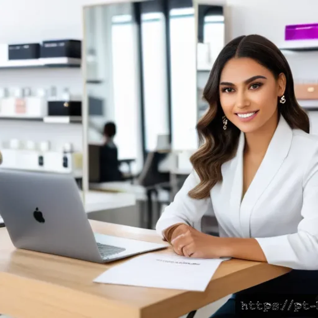 뷰티컨설턴트 자기소개서 작성법 - A confident young professional woman sitting at a modern desk in a bright, stylish beauty salon offi...