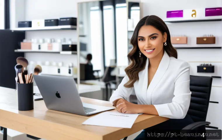 뷰티컨설턴트 자기소개서 작성법 - A confident young professional woman sitting at a modern desk in a bright, stylish beauty salon offi...