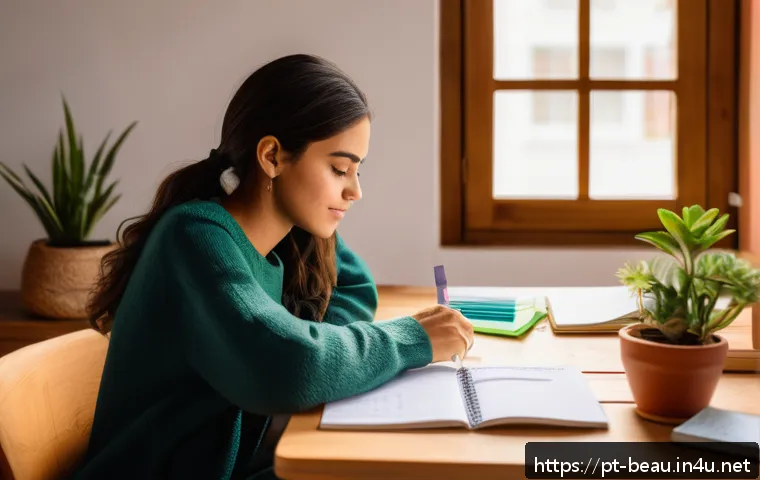 뷰티컨설턴트 자격증 시험 대비법 - A cozy and well-organized study room featuring a young Brazilian woman sitting at a wooden desk with...