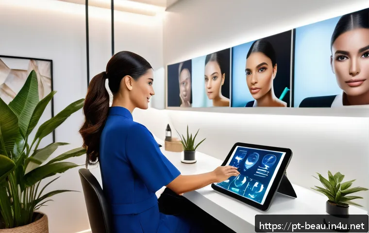 뷰티컨설턴트 관련 컨퍼런스 소개 - A modern beauty consultant using advanced digital tools in a sleek, well-lit salon setting in S&atilde;o Pa...