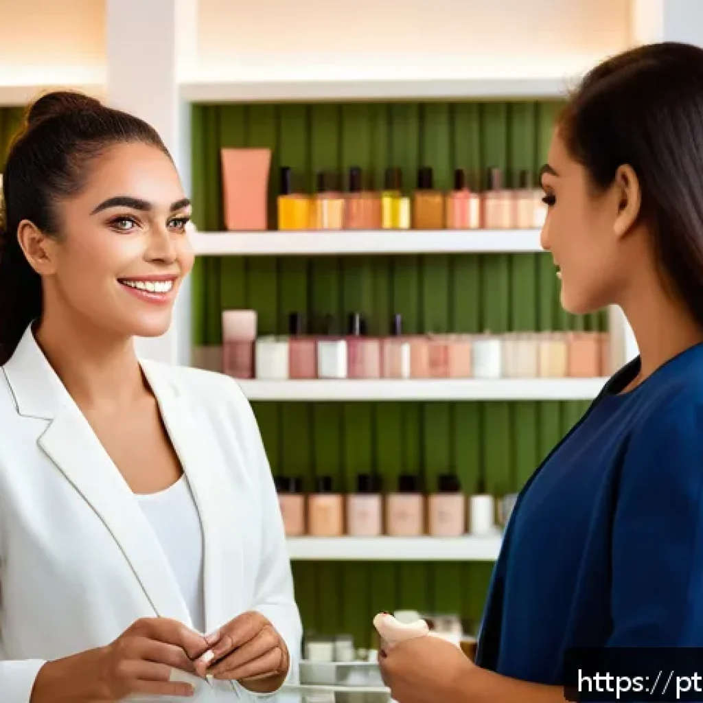 뷰티컨설턴트 직업 안정성 - A professional beauty consultant in a modern Brazilian salon, attentively advising a diverse female ...