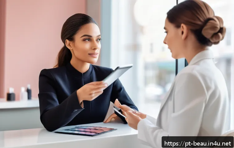 뷰티컨설턴트 새로운 직업군 소개 - A professional beauty consultant attentively listening to a diverse female client in a modern salon ...