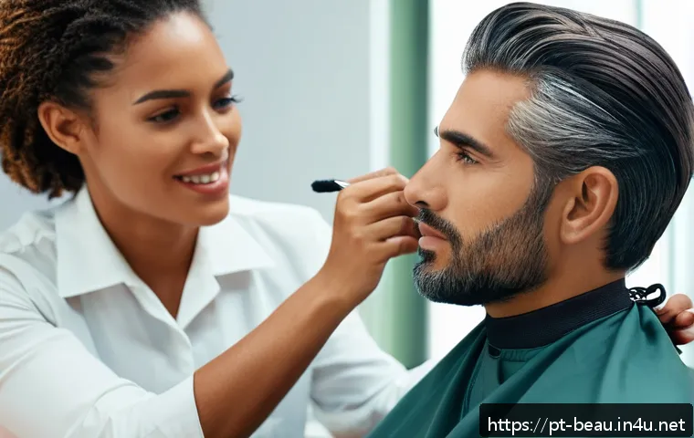 뷰티컨설턴트 헤어 상담 기법 - A professional hair stylist attentively consulting with a diverse adult client in a modern salon env...