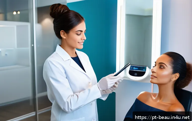 뷰티컨설턴트 주요 업무 정리 - A professional beauty consultant performing a personalized skin and hair analysis on a diverse adult...