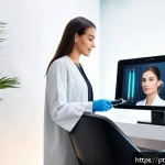 Home 22 뷰티컨설턴트 필수 도구 리뷰 - A modern beauty salon interior featuring a professional consultant using a sleek Skin Analyzer devic...
