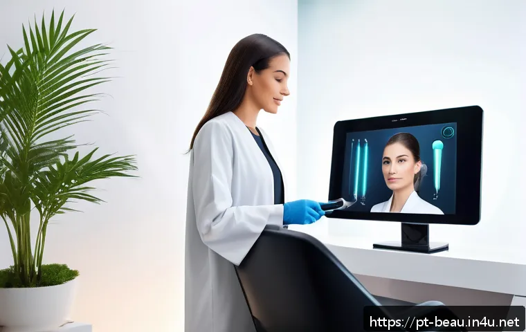 뷰티컨설턴트 필수 도구 리뷰 - A modern beauty salon interior featuring a professional consultant using a sleek Skin Analyzer devic...