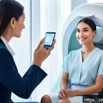 Home 21 뷰티컨설턴트 실무 기술 발전 사례 - A modern beauty consultant clinic scene showcasing advanced digital skin analysis technology: a dive...
