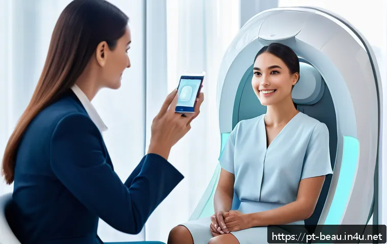 뷰티컨설턴트 실무 기술 발전 사례 - A modern beauty consultant clinic scene showcasing advanced digital skin analysis technology: a dive...