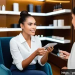 Home 23 뷰티컨설턴트 관련 학습 목표 설정 - A professional beauty consultant attentively listening and engaging with a diverse female client in ...