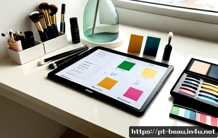 Home 17 뷰티컨설턴트 관련 학습 도구 추천 - Photorealistic beauty consultant study desk in a bright Brazilian apartment, open unbranded cosmetic...