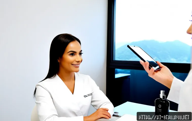 뷰티컨설턴트 주요 고객 관리 사례 연구 - Photorealistic beauty consultant conducting a personalized client follow-up in a bright, elegant Bra...